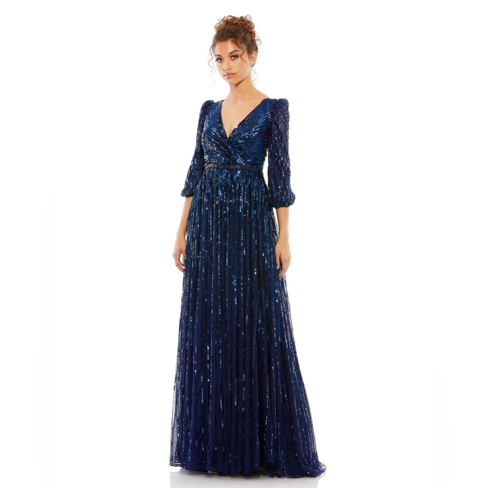 Mac Duggal Navy Sequin V-Neck Maxi Gown